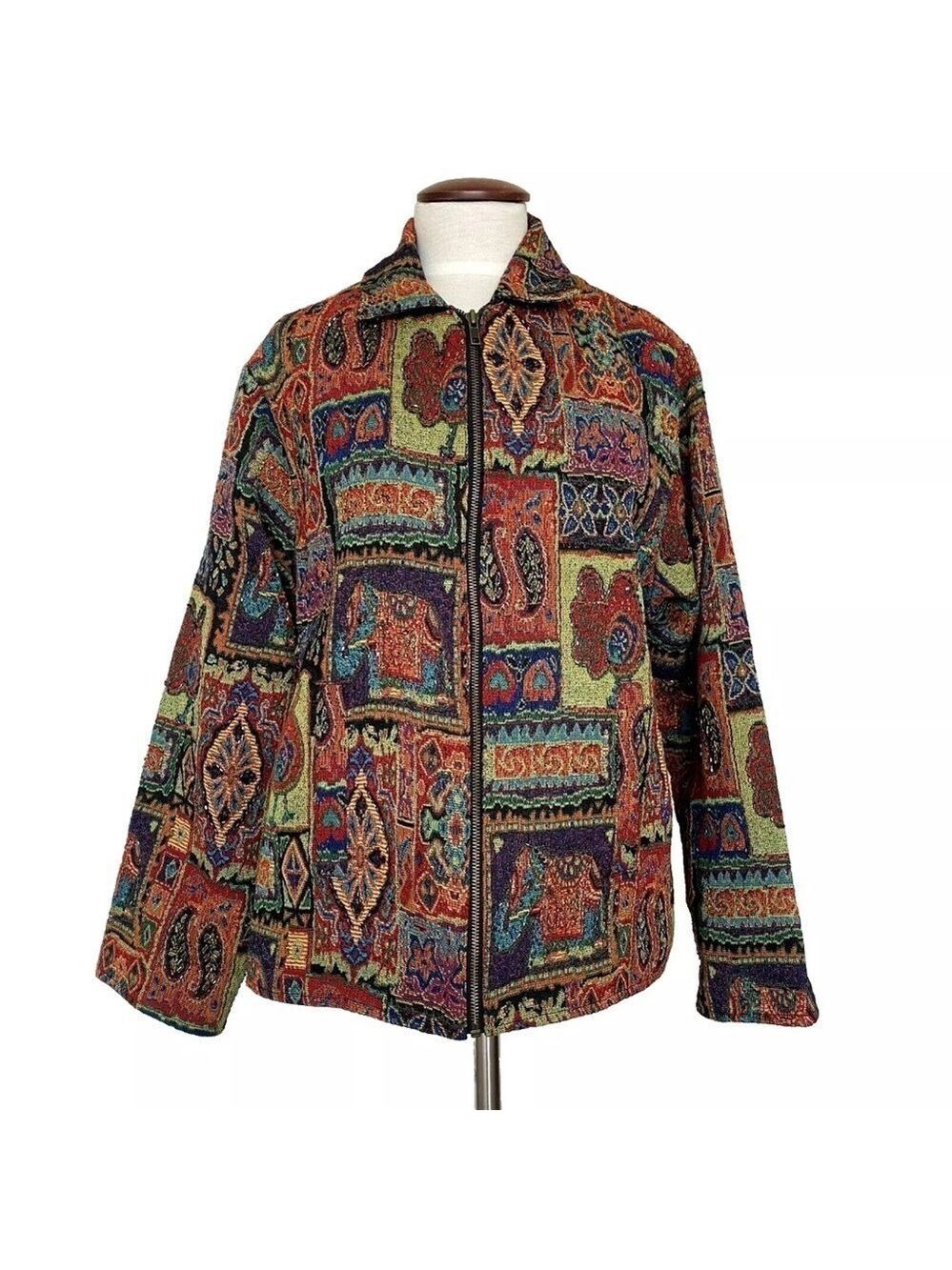 Parsley & Sage Tapestry Flowers Animal Beaded Zip Jacket 1X Pockets Lined
